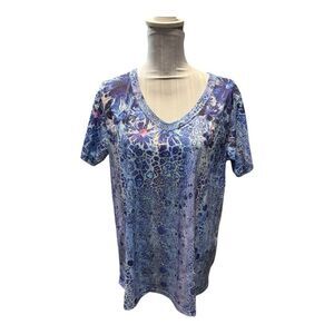 Blue Patterned Short Sleeve Women's Top